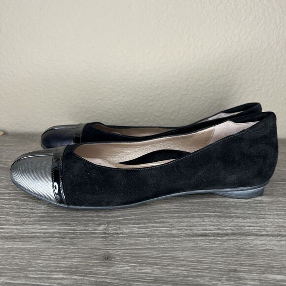 BeautiFeel Cap Toe Ballet Shoe Dress Pump Flat Leather EU 40 US 9.5 Black Silver - Picture 2 of 13